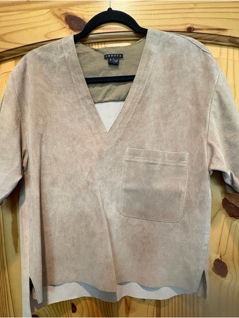 Theory Beige Leather V-Neck Pocket Pullover